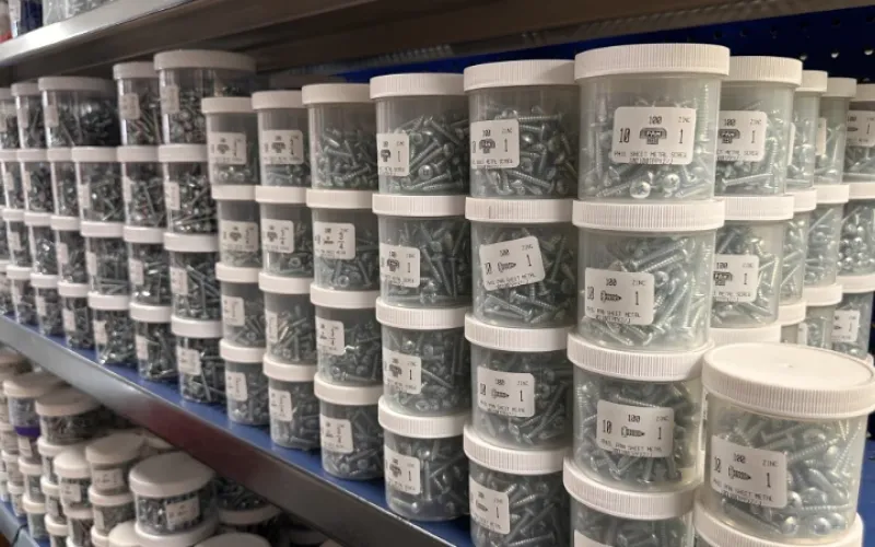 Wide variety of fasteners and screws in stock.